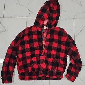 EUC Derek Heart Red Plaid Sherpa Crop Hoodie | Quarter Zip | XS